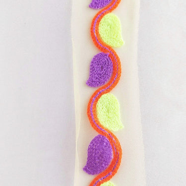 Beige Net With Green, Purple And Orange Embroidery, Leaves Pattern Trim